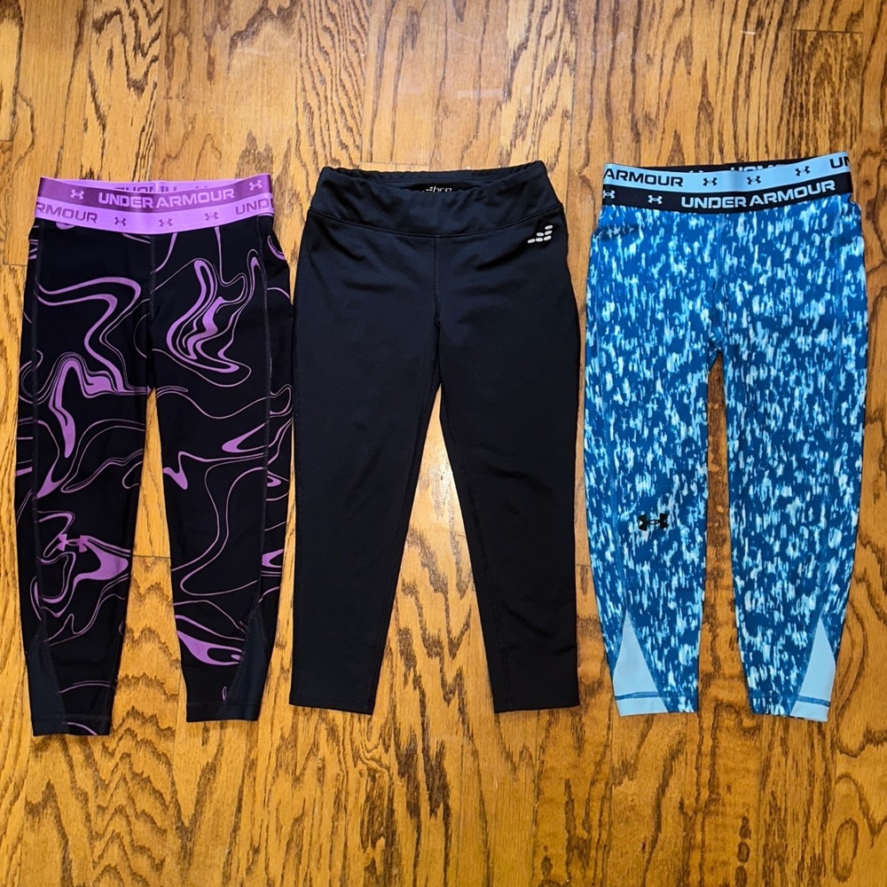 Under Armour BCG Girls Youth Small Leggings Lot 3 Blue Purple Black Excellent YS